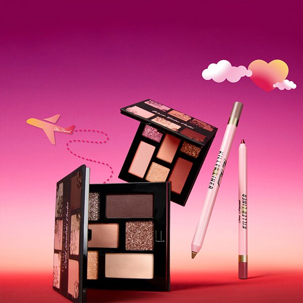 makeup products and pink hearts